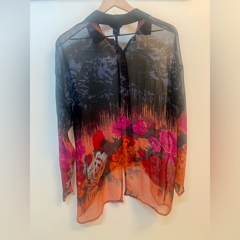 Citron Santa Monica 100% Silk Sheer Floral Button Down Blouse Small Wearable Art